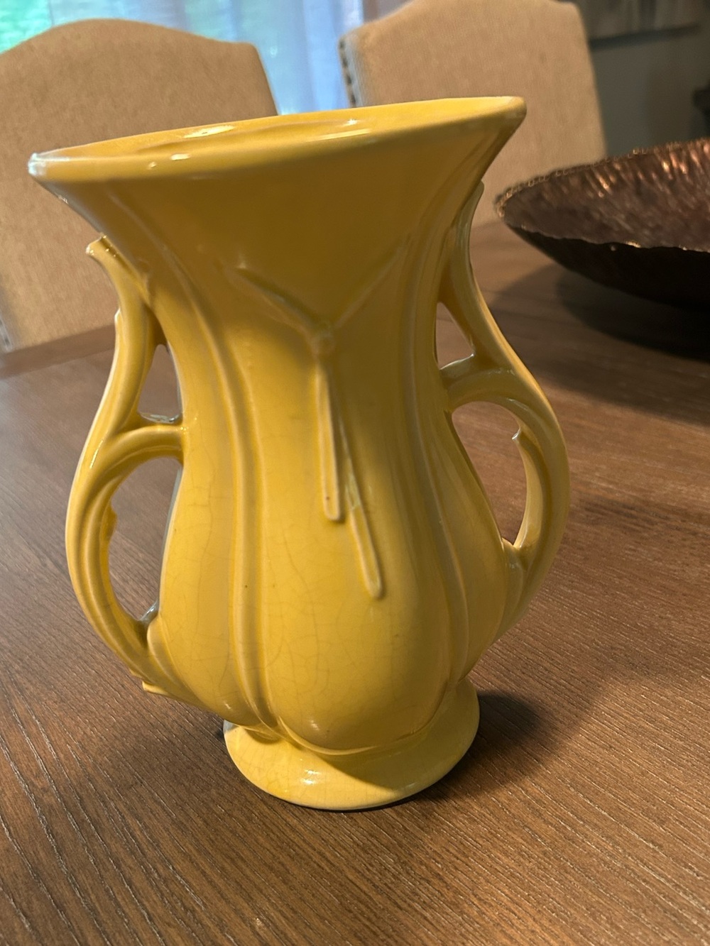 Vintage 1940s Nelson McCoy Yellow Tassel / Tie Vase – Double Handled